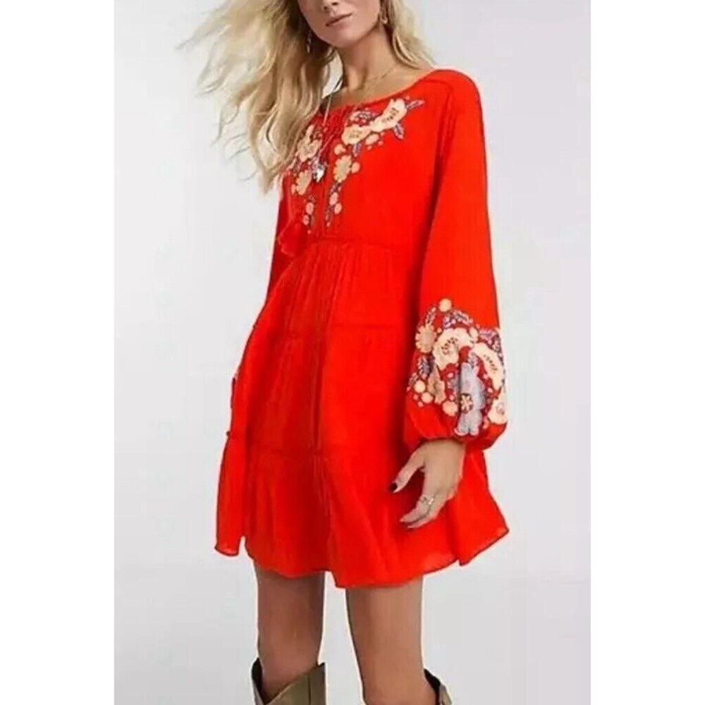 FREE PEOPLE Poppy Red Spell on You Embroidered Mini Peasant Boho Dress Sz XS - Picture 13 of 14